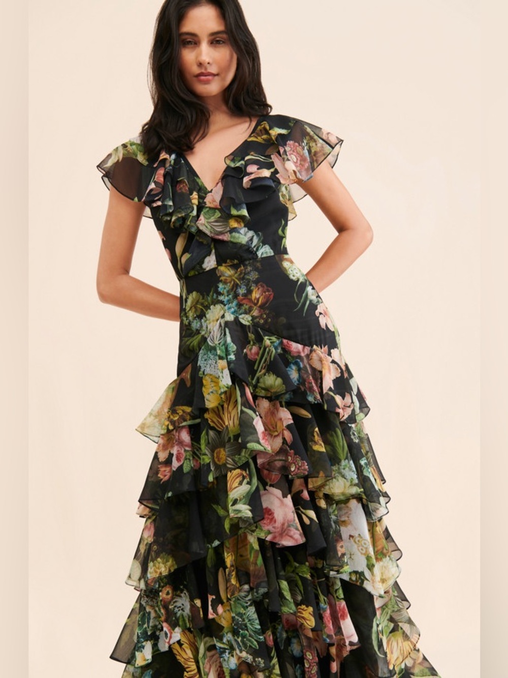 Anthropologie Pankaj & Nidhi black floral chiffon ruffle maxi dress